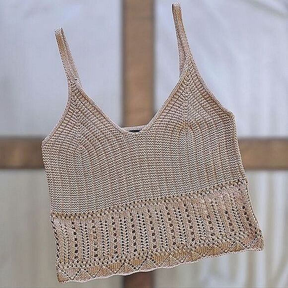 Streetwear Society beige crochet v-neck crop tank size S - Picture 4 of 11